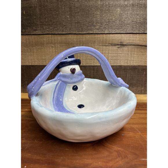Ceramic Snowman Candy Dish With Blue Scarf Handle - Picture 1 of 6